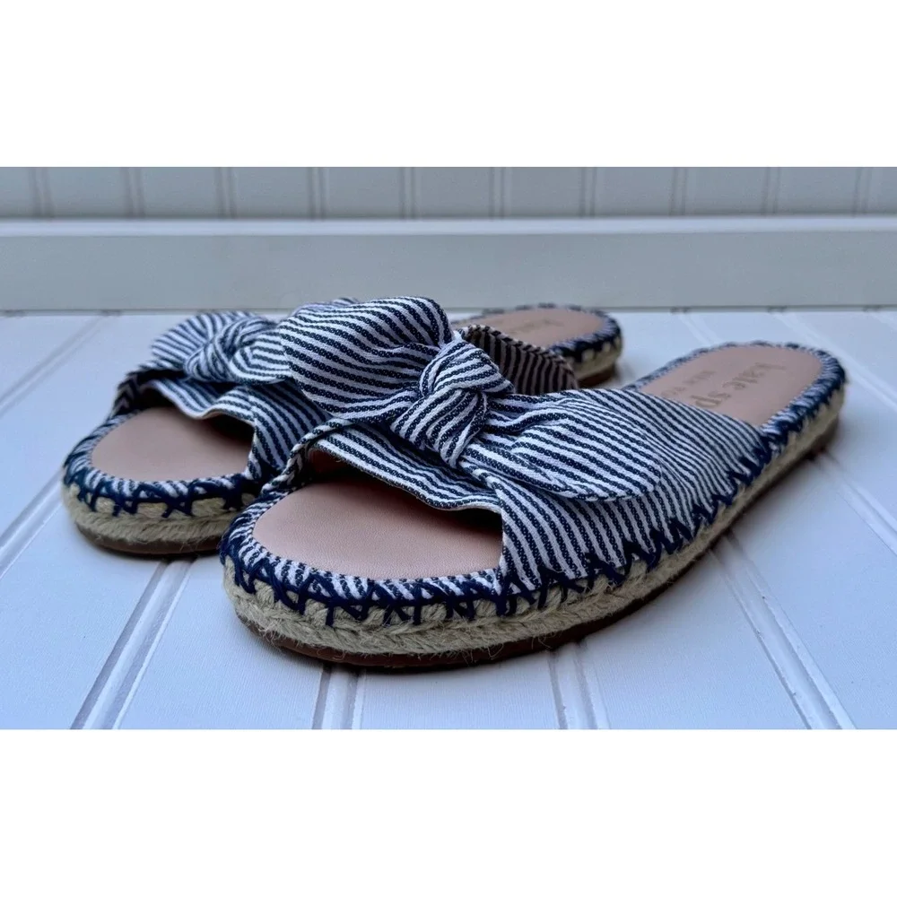 Kate Spade Saltie Shore Navy White Striped Bow Espadrille Slide Sandals 7B